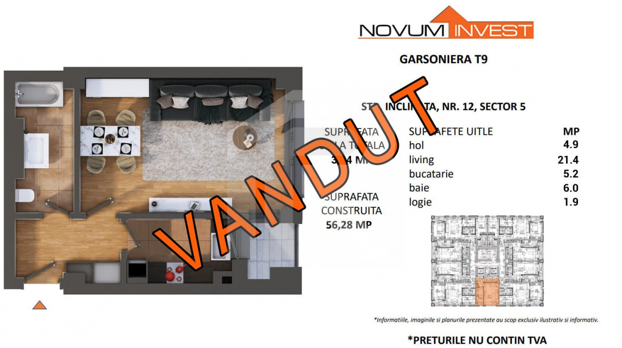 Garsoniera complex Novum Viilor, prima inchiriere !